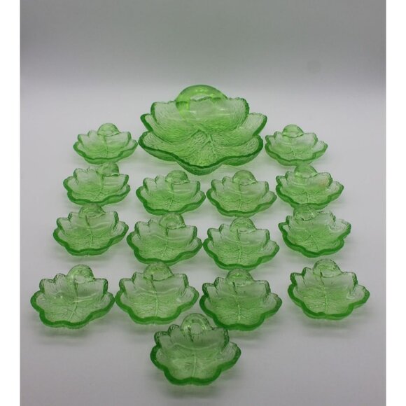 Indiana Glass Cabbage Leaf Candy Dish Set Uranium Vaseline Vintage Decor - Picture 1 of 16